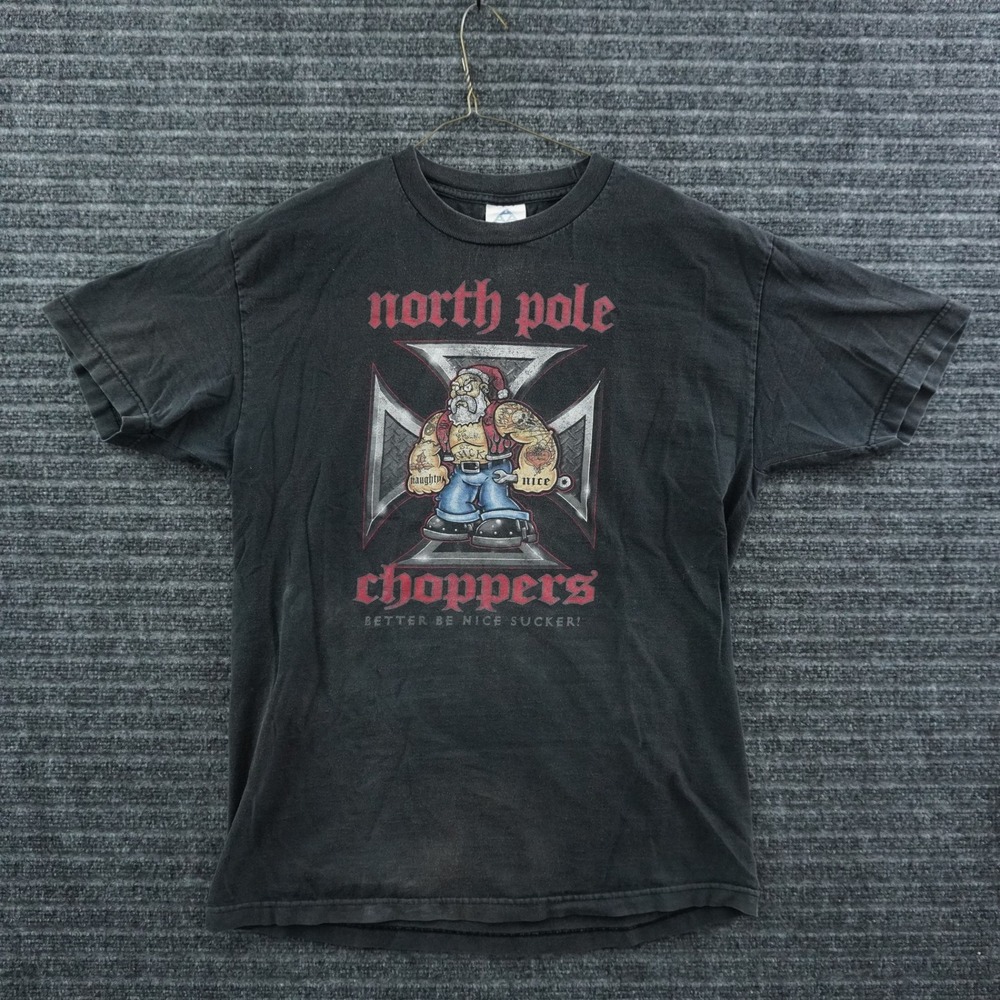 Vintage Y2K North Pole Choppers T-Shirt Mens Large Black Biker Santa Graphic